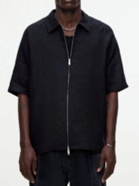 OAS Black Short Sleeve Zip-Up Linen Polo Shirt in Medium